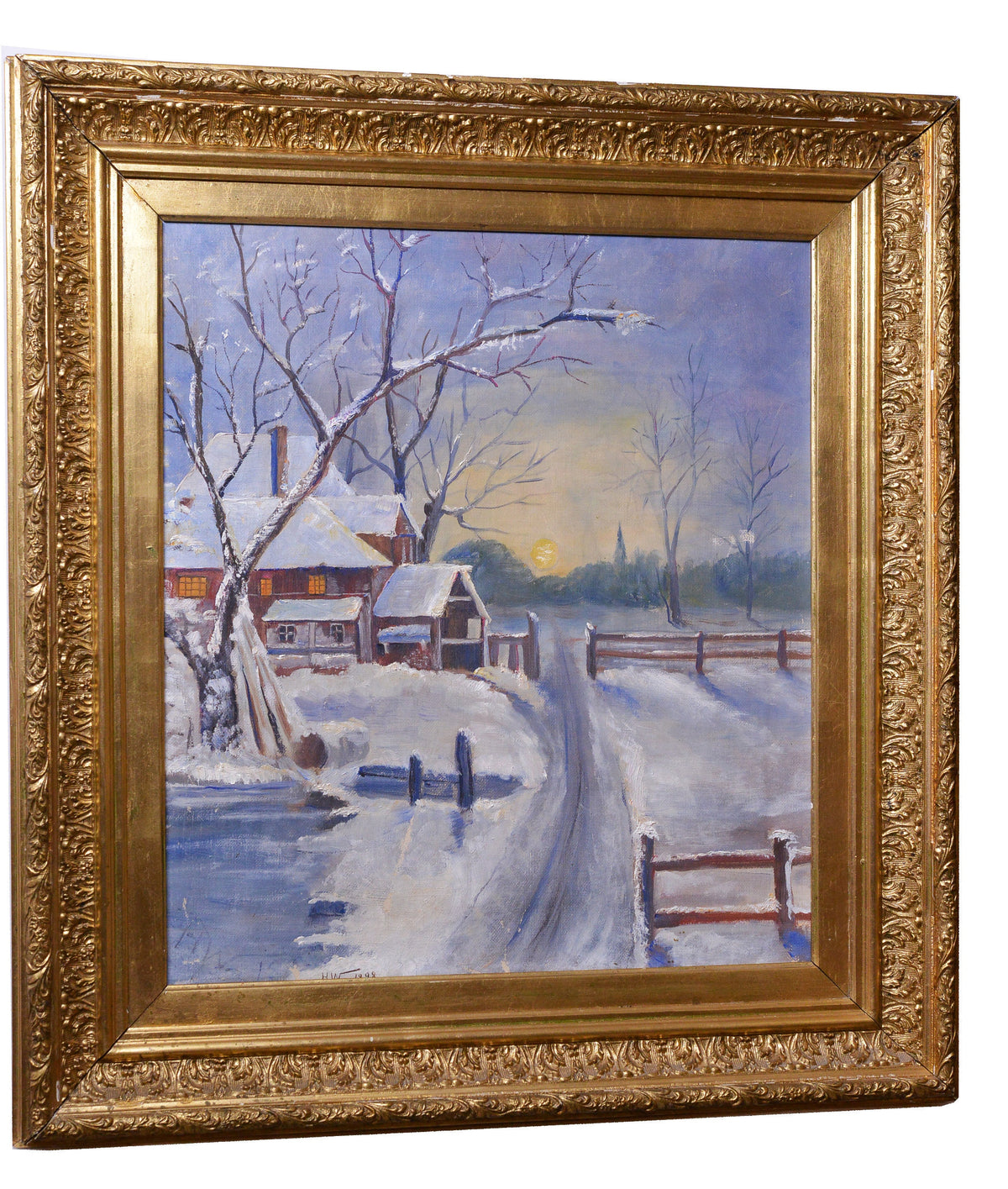 Winter evening at sunset Scandinavian landscape 19C antique oil painting