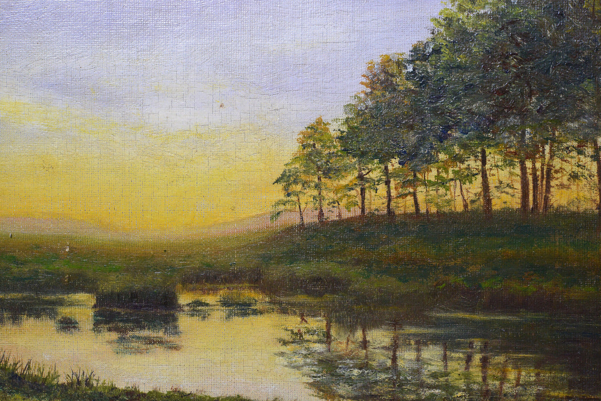 Sunset Landscape with Art Nouveau Frame, 19th Century Oil Painting