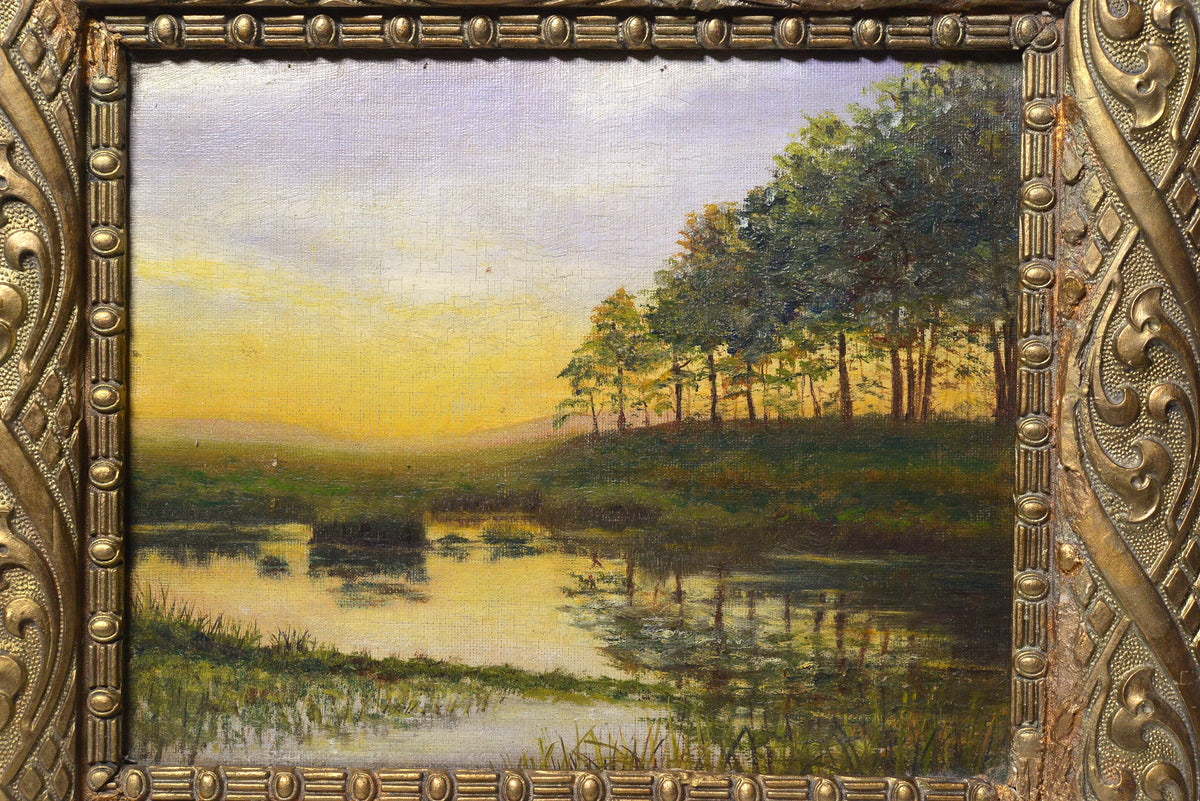 Sunset Landscape with Art Nouveau Frame, 19th Century Oil Painting