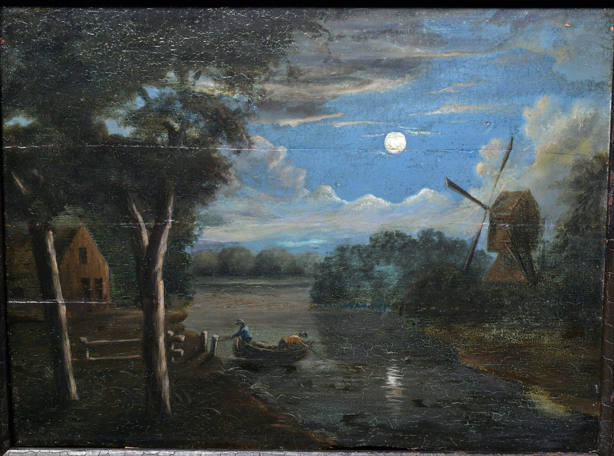 Dutch Nocturnal Landscape "Full Moon" 18th Сentury Antique Oil Painting in Panel