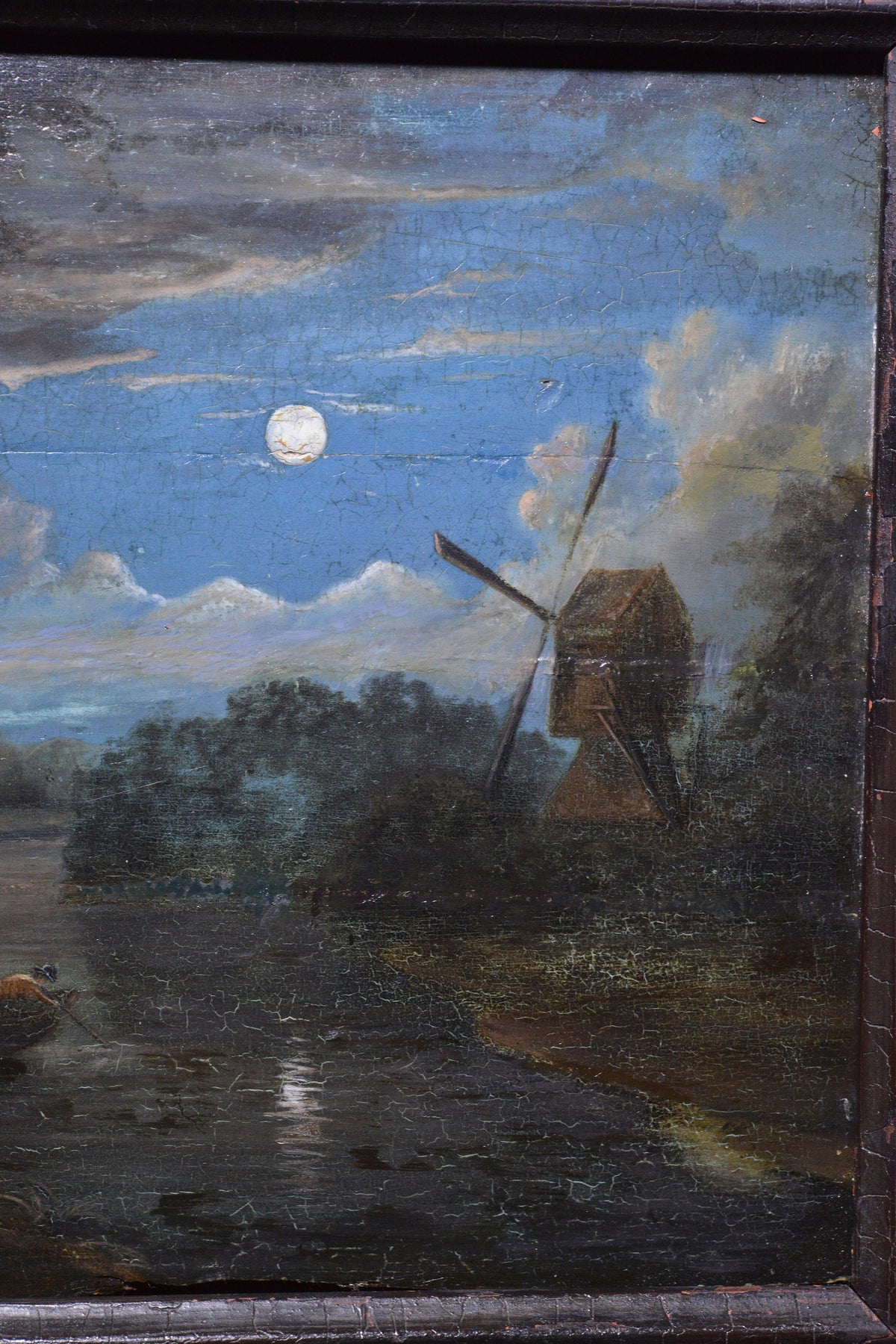 Dutch Nocturnal Landscape "Full Moon" 18th Сentury Antique Oil Painting in Panel