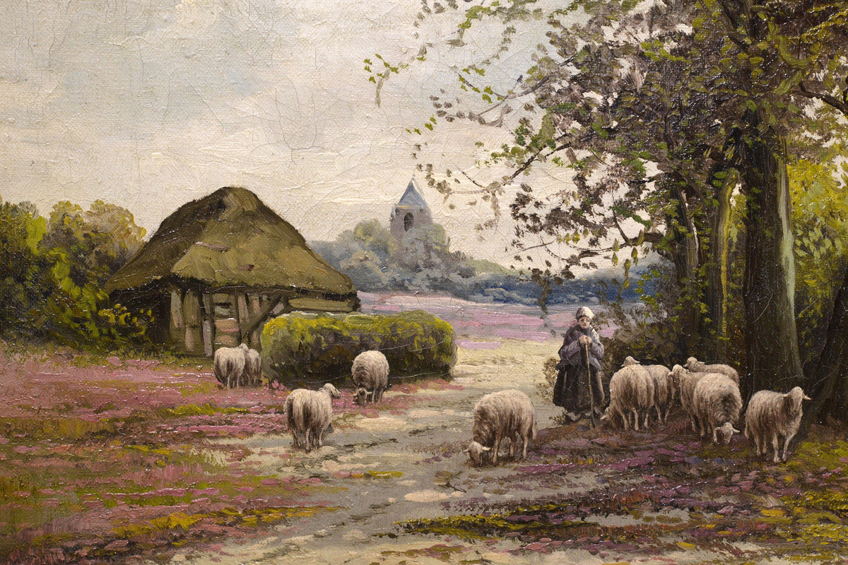 Dutch pastoral landscape Shepherdess and sheep 19th century Oil painting Signed