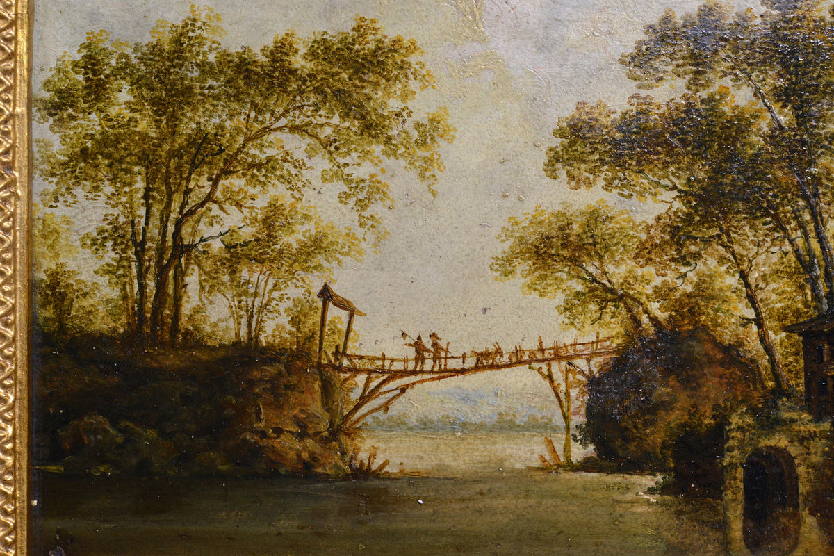 Italian Landscape Fancy Watermill n Bridge 19th century Oil Painting