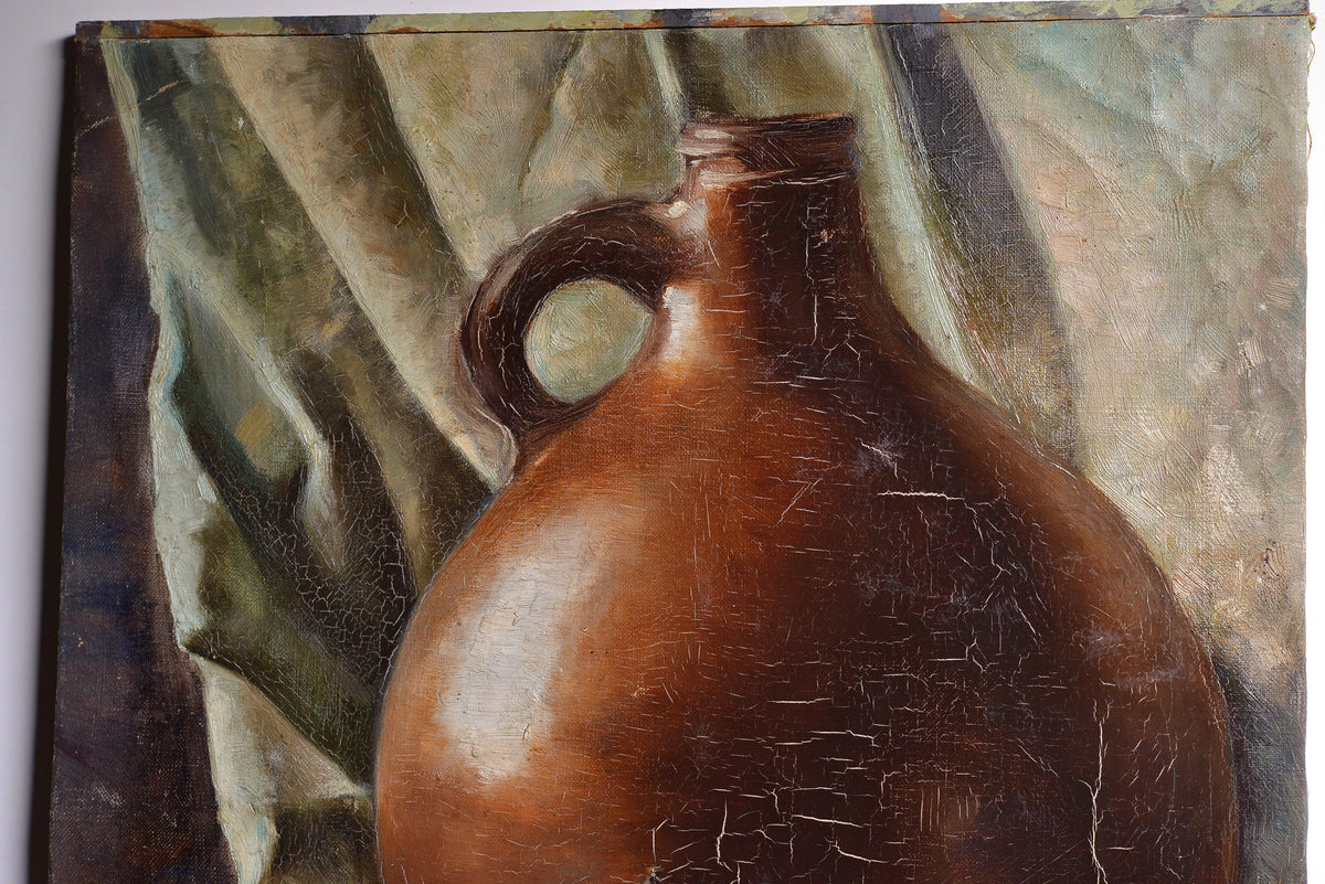 Modernist Still Life w big clay jug early 20C antique oil painting