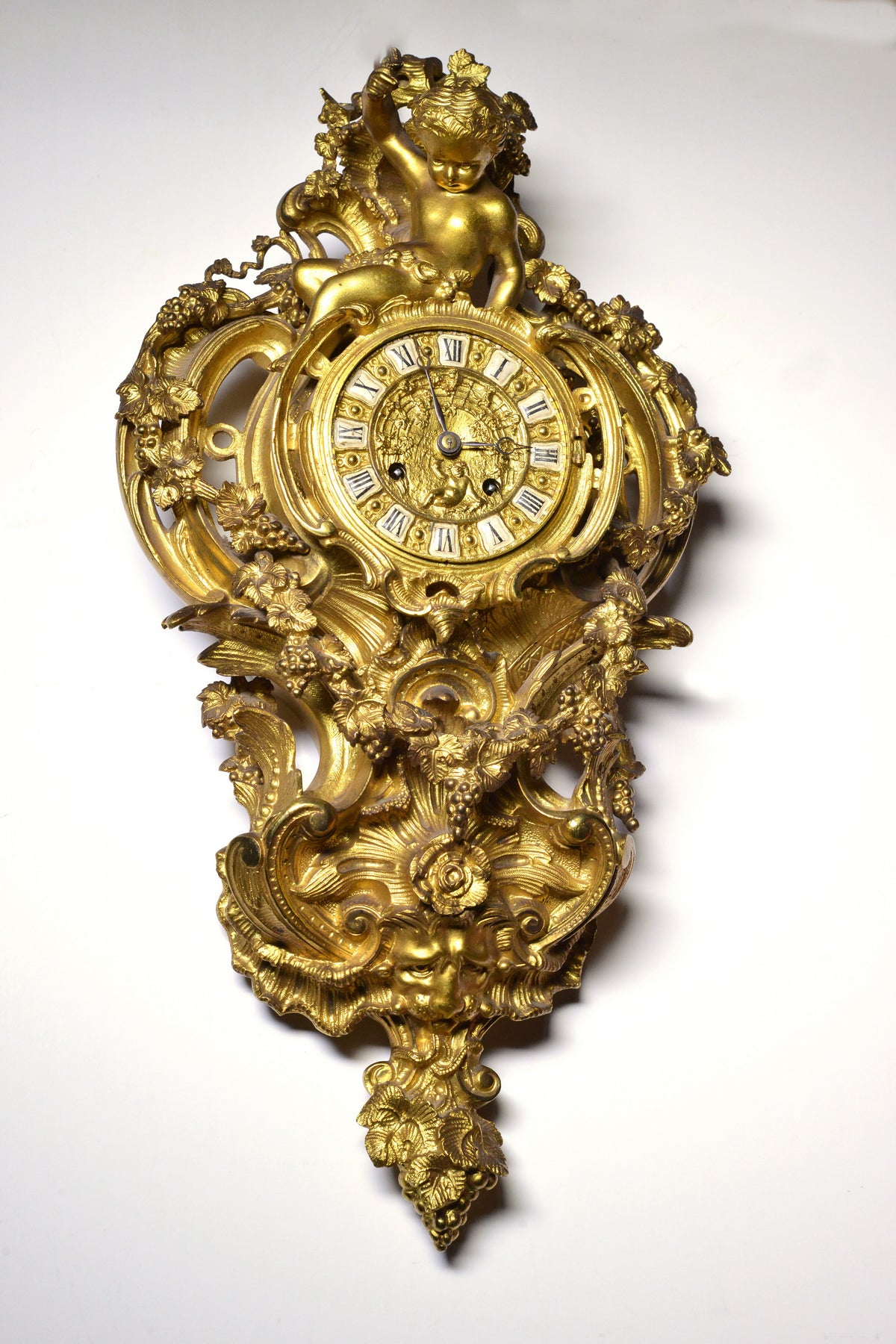 Baroque Ormolu Dore Gilt Bronze Wall Cartel Clock w Putto Grapes Lion by Japy