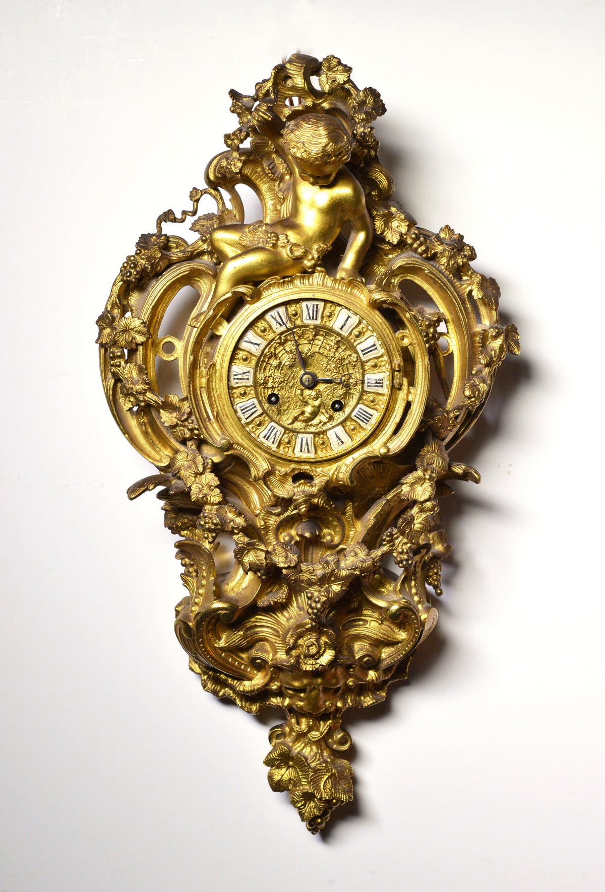 Baroque Ormolu Dore Gilt Bronze Wall Cartel Clock w Putto Grapes Lion by Japy