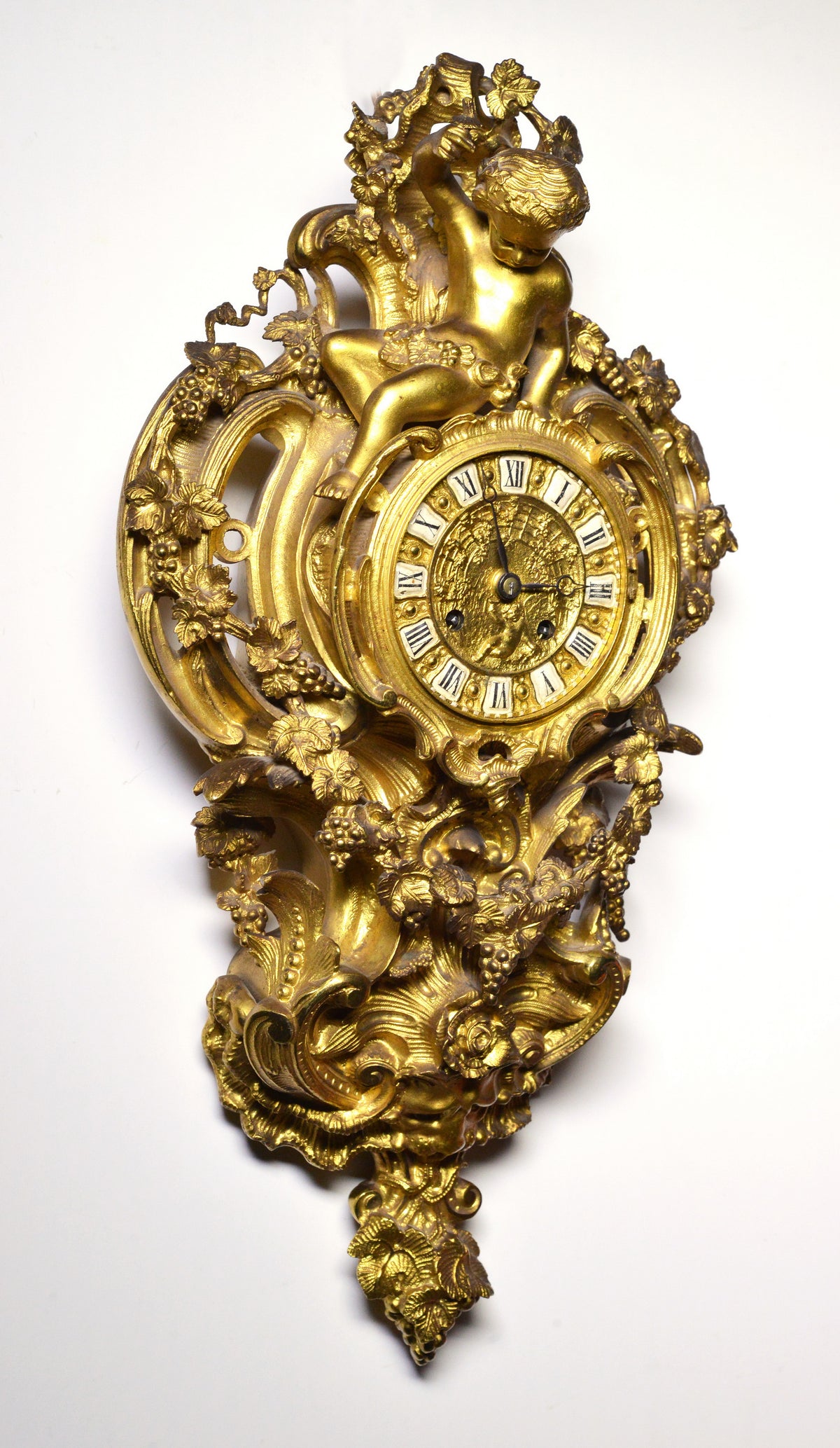 Baroque Ormolu Dore Gilt Bronze Wall Cartel Clock w Putto Grapes Lion by Japy