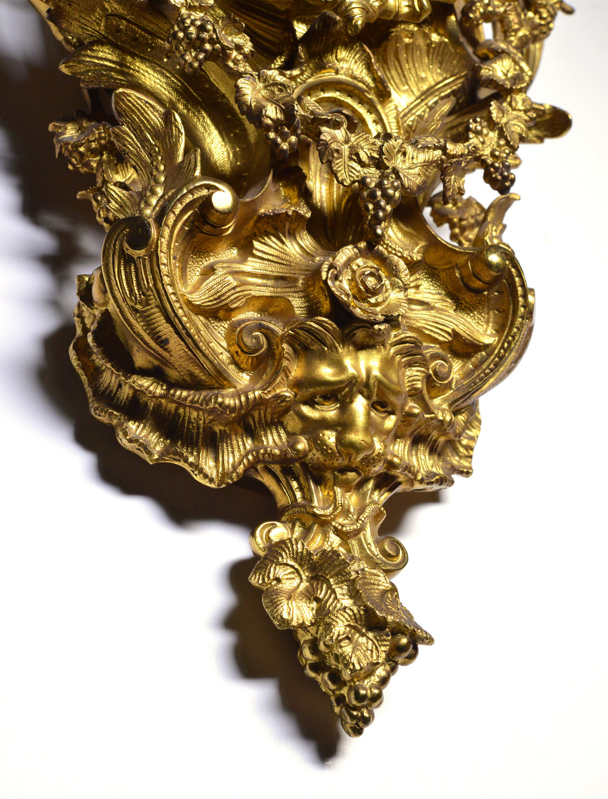 Baroque Ormolu Dore Gilt Bronze Wall Cartel Clock w Putto Grapes Lion by Japy