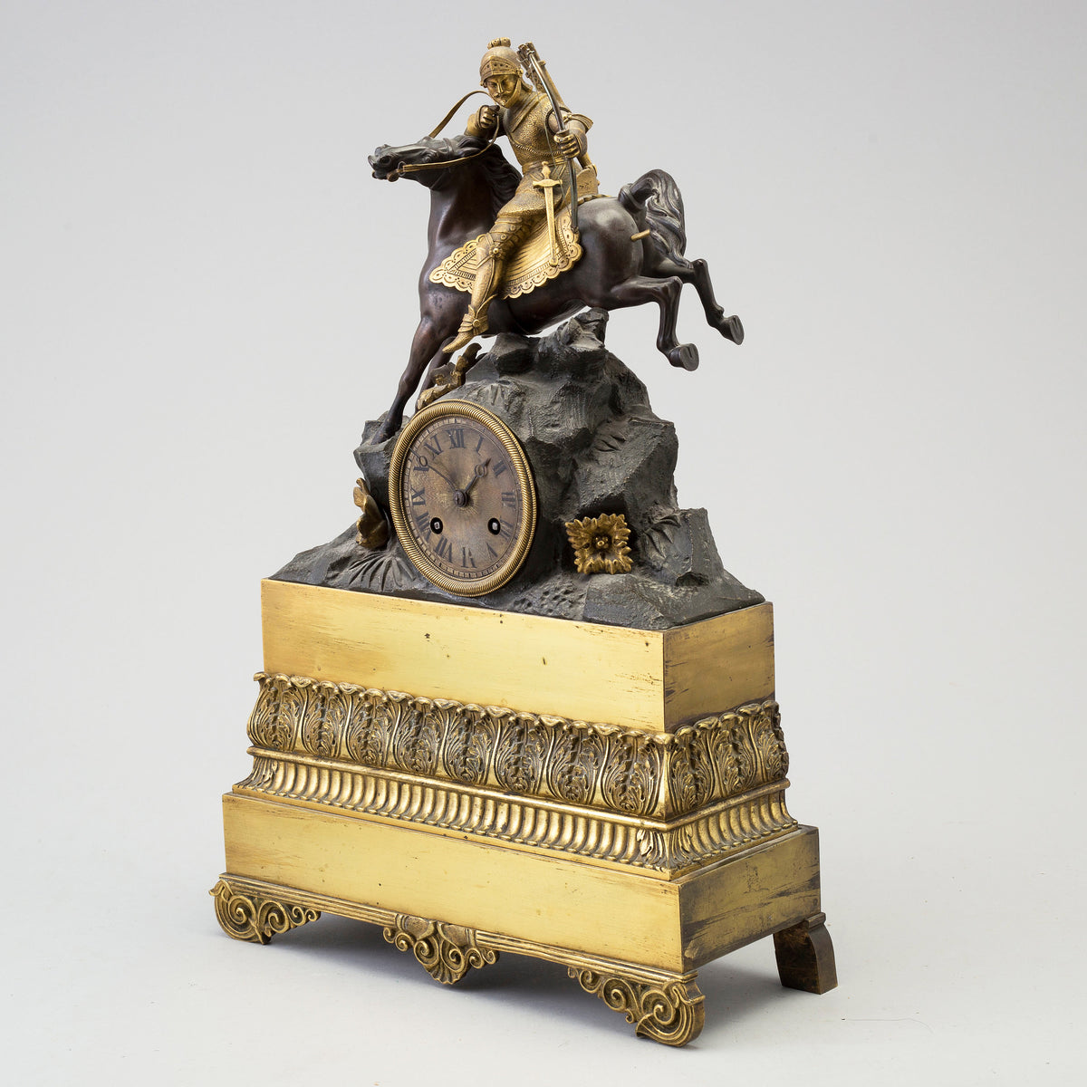 Figural Antique Gilt Bronze Clock w Mounted Knight Archer in Motion