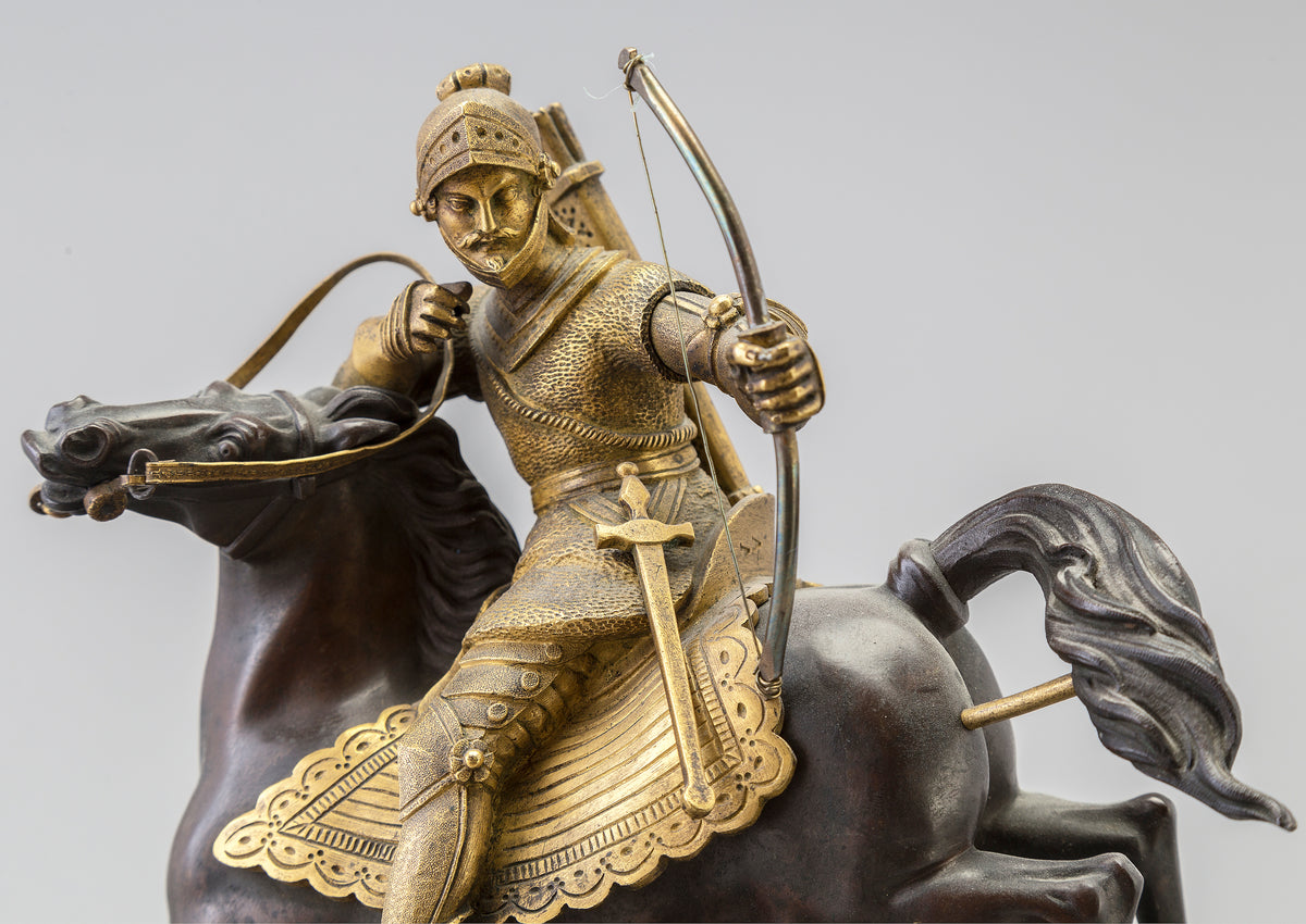 Figural Antique Gilt Bronze Clock w Mounted Knight Archer in Motion