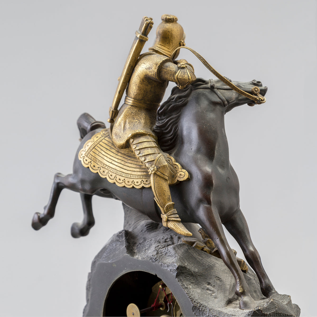 Figural Antique Gilt Bronze Clock w Mounted Knight Archer in Motion