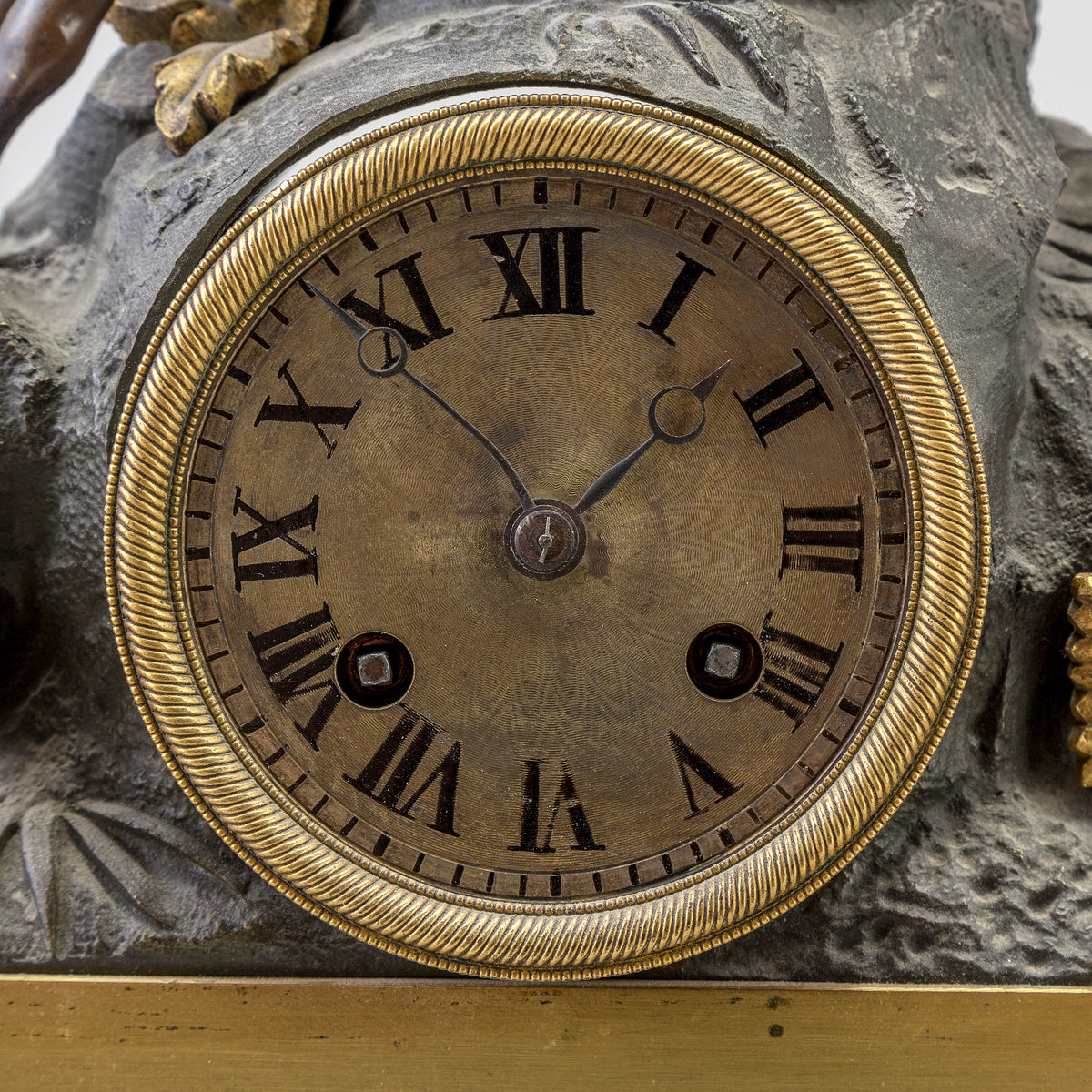 Figural Antique Gilt Bronze Clock w Mounted Knight Archer in Motion