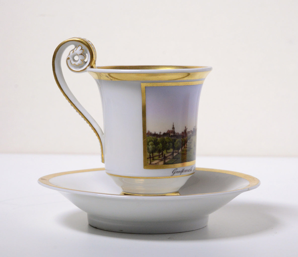 Antique Empire KPM Porcelain Cup n Saucer Greifswald Topographical