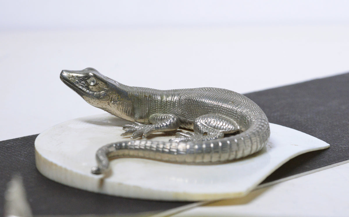 Natural Size Antique Hand Chased Silver Plated Gem Eyes Lizard Figurine