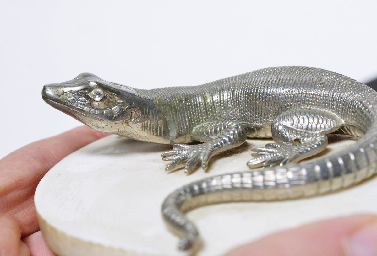 Natural Size Antique Hand Chased Silver Plated Gem Eyes Lizard Figurine