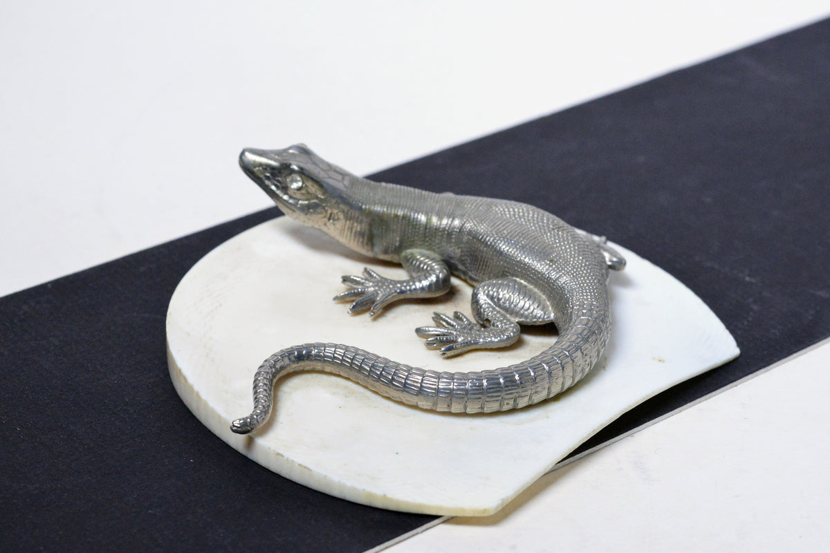 Natural Size Antique Hand Chased Silver Plated Gem Eyes Lizard Figurine