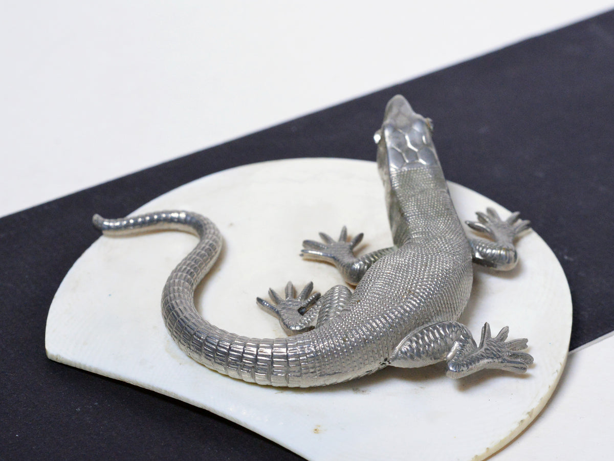 Natural Size Antique Hand Chased Silver Plated Gem Eyes Lizard Figurine