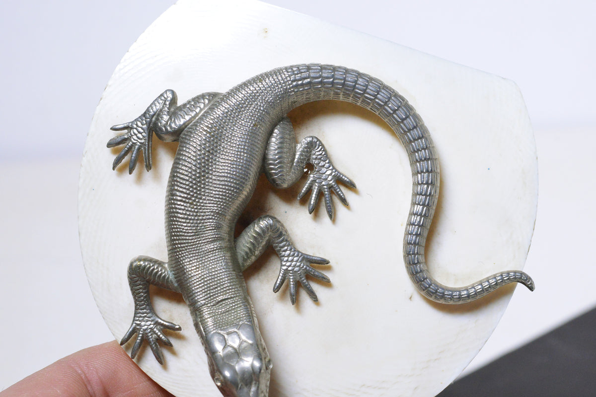 Natural Size Antique Hand Chased Silver Plated Gem Eyes Lizard Figurine