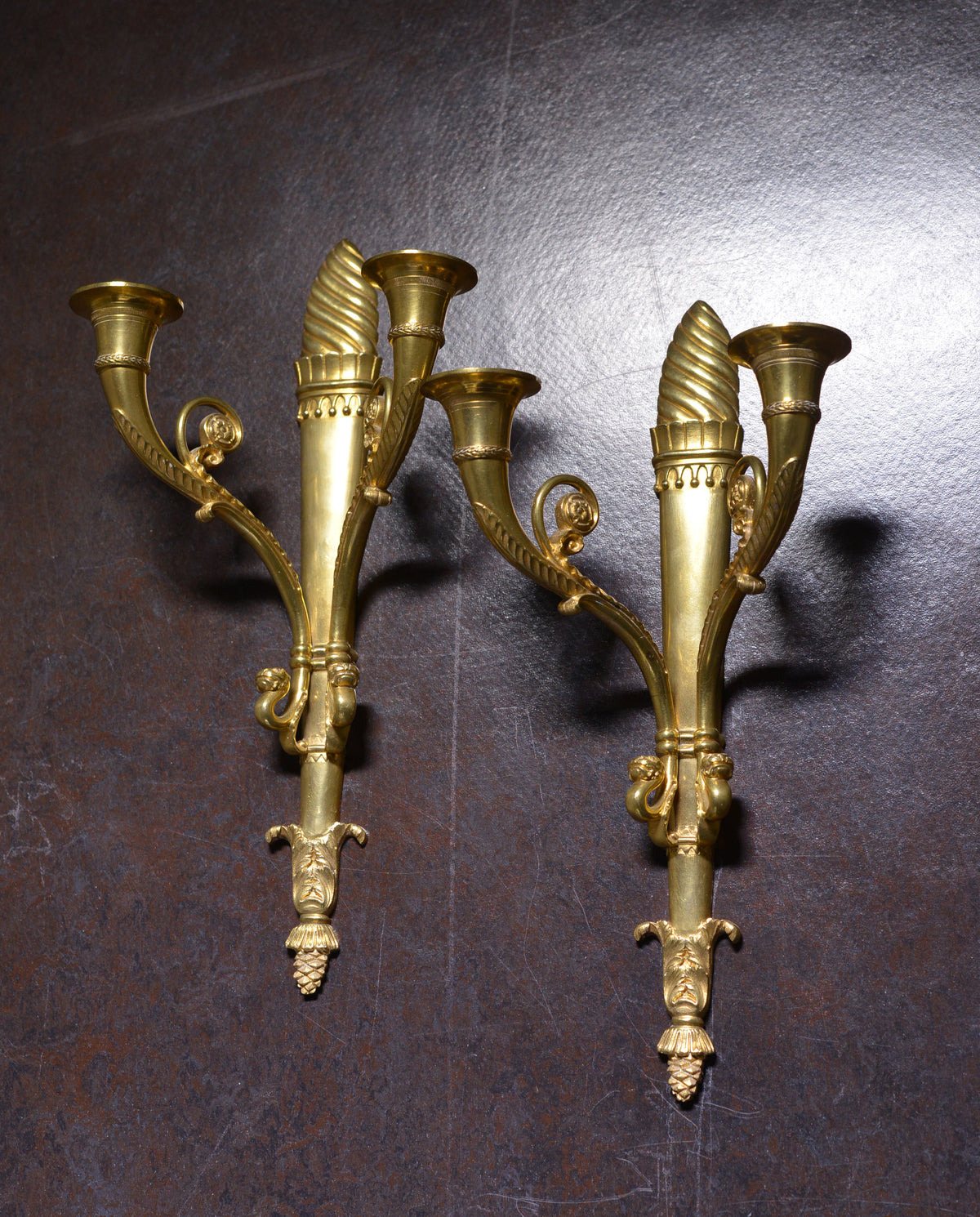 Pair Antique early 20th century Neoclassical Gilt Bronze Sconces : Torch