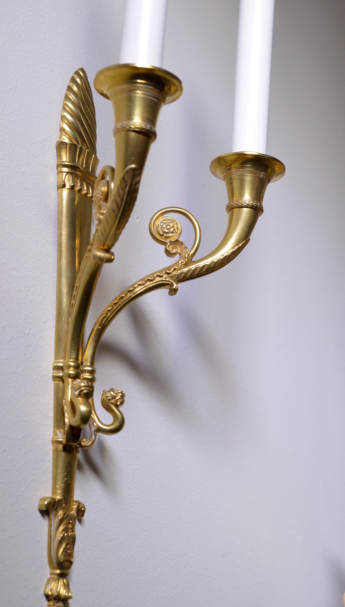 Pair Antique early 20th century Neoclassical Gilt Bronze Sconces : Torch