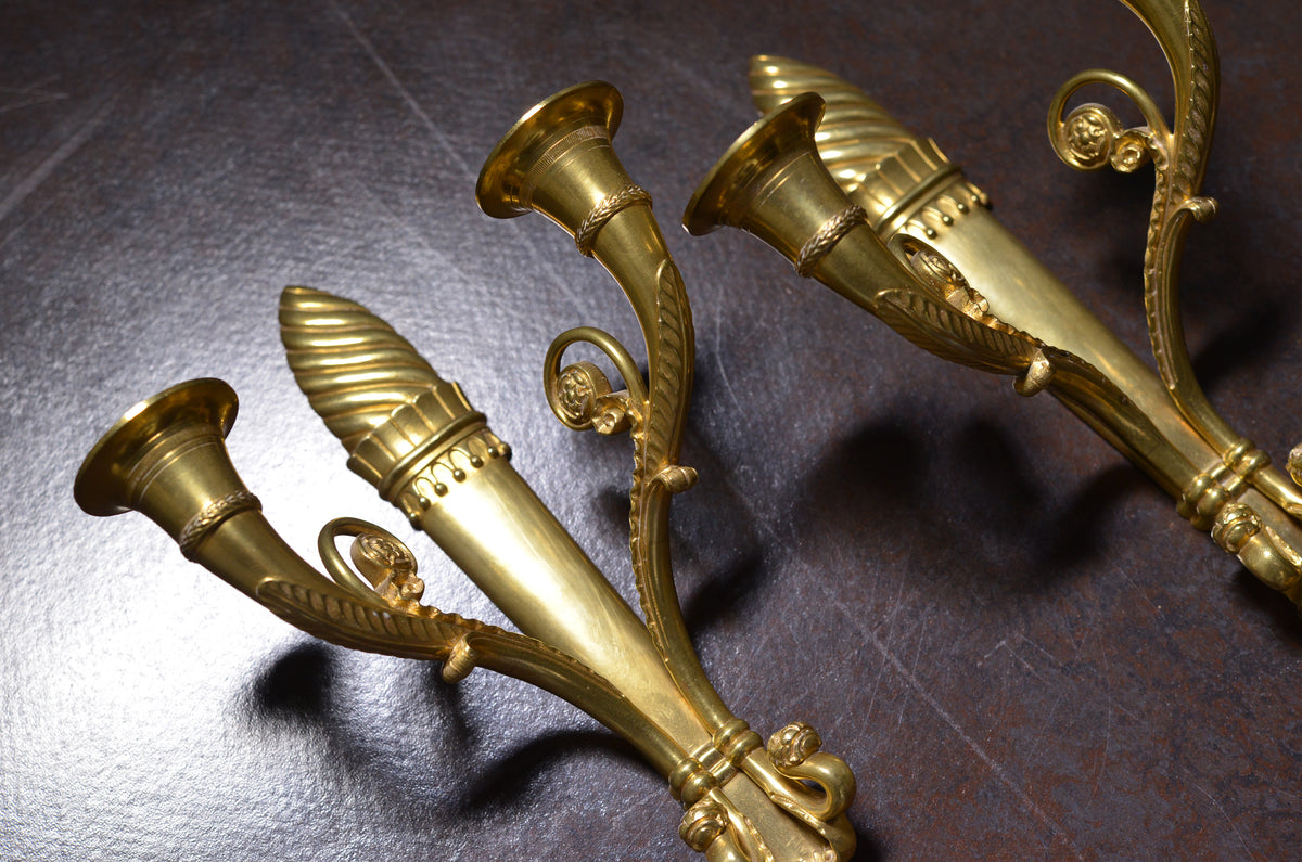 Pair Antique early 20th century Neoclassical Gilt Bronze Sconces : Torch