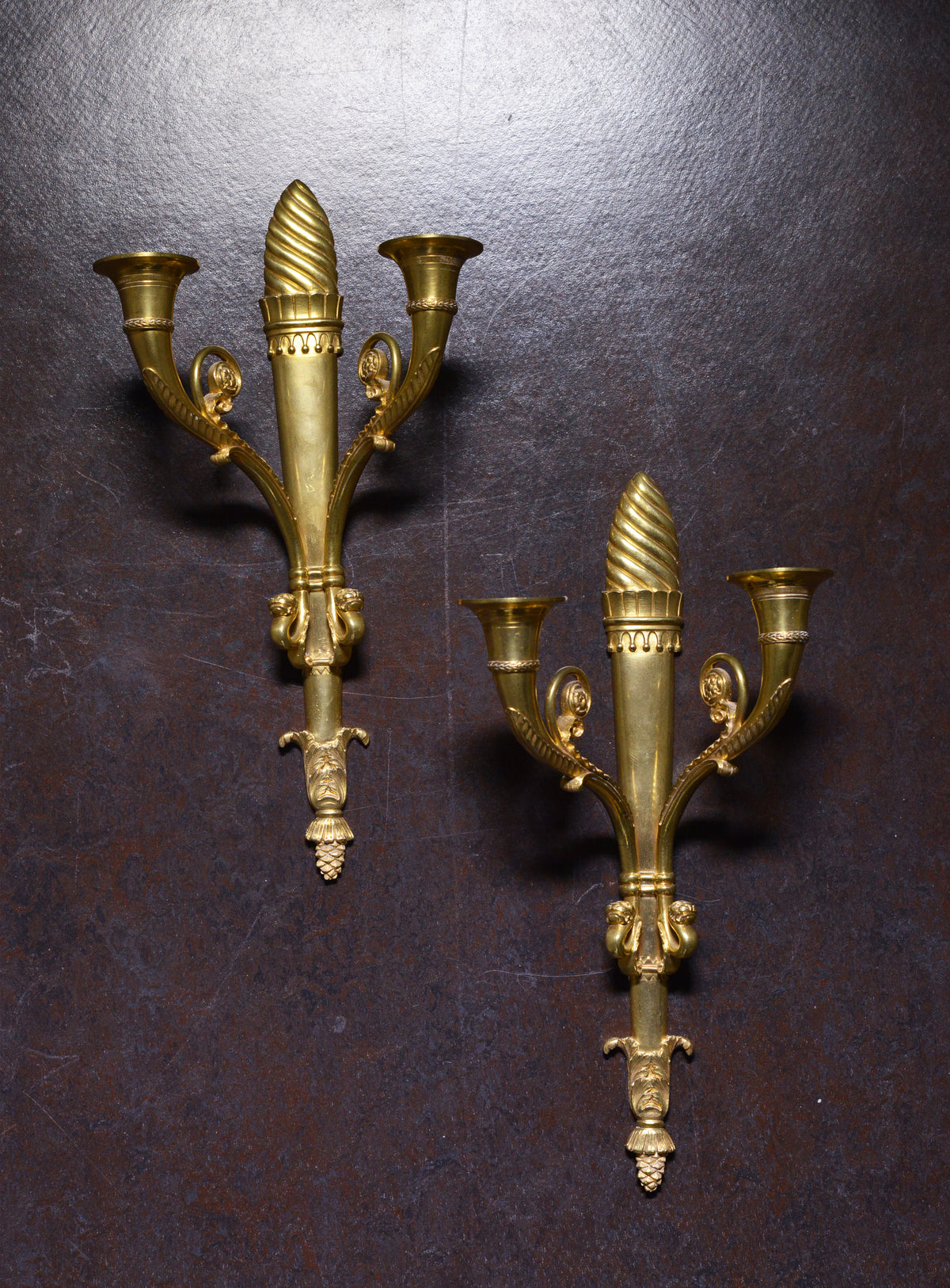 Pair Antique early 20th century Neoclassical Gilt Bronze Sconces : Torch