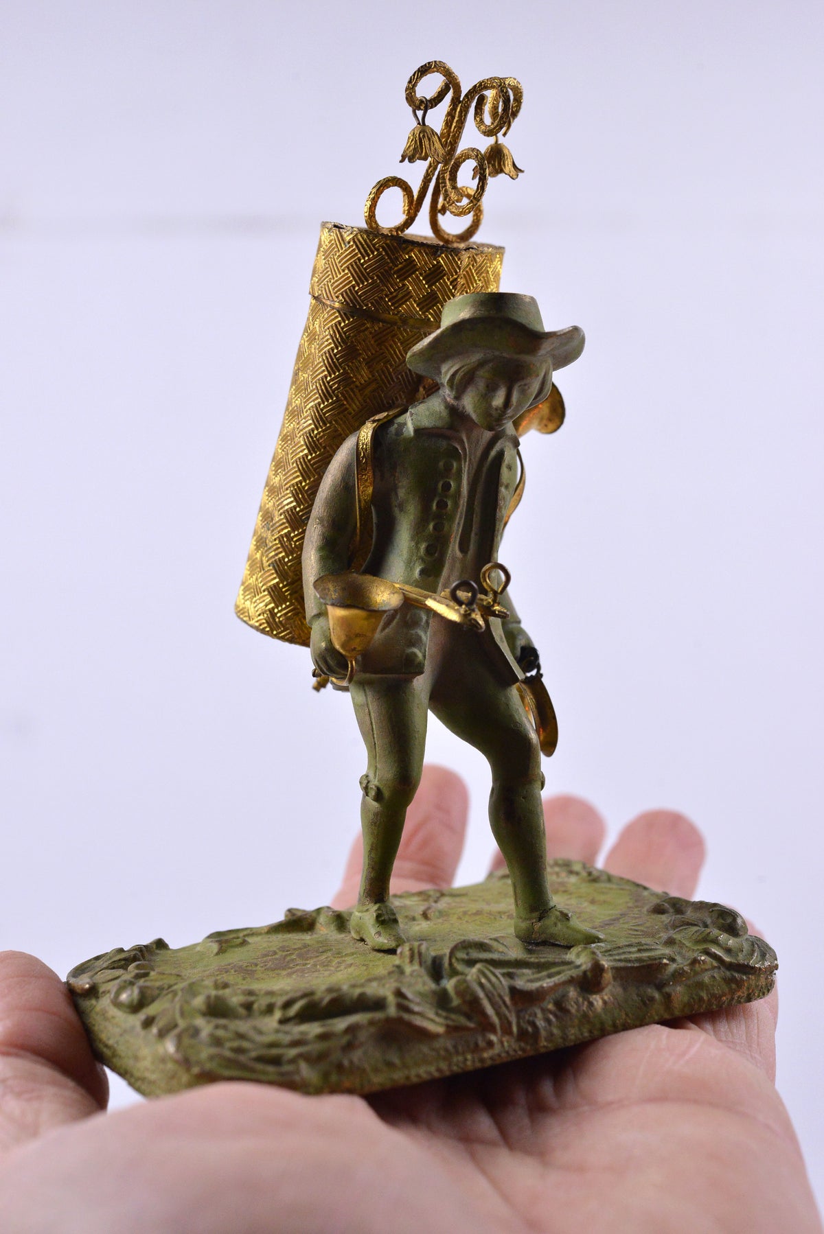 19th century Antique Vienna Bronze Figural Toothpick Holder Rococo Troubadour